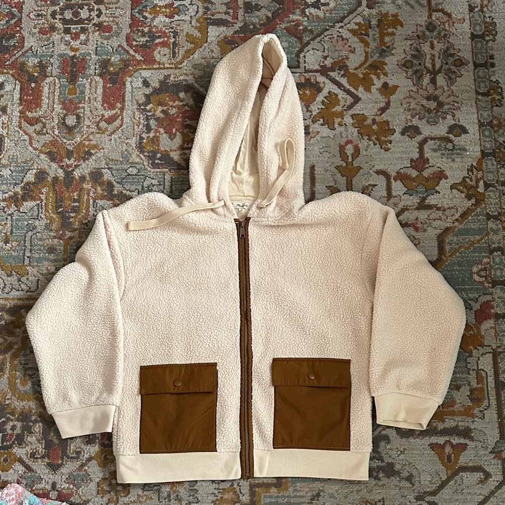 Madewell Cream Sherpa Zip Hoodie with Brown Pocket Accents
